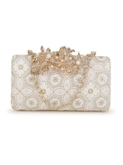 Anekaant Adorn Off White And Gold Ethnic Embroidered Faux Silk Clutch