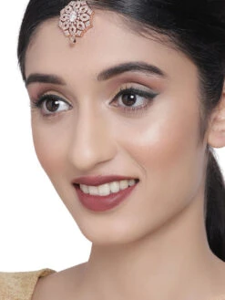 Accessher Rosegold Plated Ad Maang Tika Wedding Collection Kundan & Pearls Maangtikka For Women