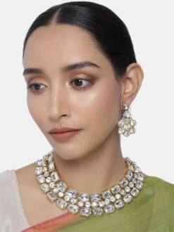 Peora Crystal Gold Plated Layered Long Necklace Earring Jewellery Set For Women-PF25N073W