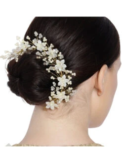 Accessher Gold Plated Beaded Tiara Comb Indo Western Hair Clip With Pearls For Women And Girls